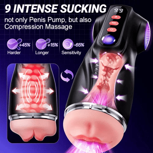 3-Sleeves Pocket Pussy Penis Pump with 9 Sucking & 9 Vibrating Male Masturbator
