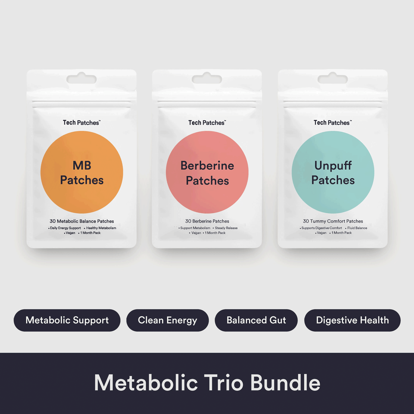 Tech Patches Metabolic Trio Bundle | 30 Patches Each – MB Patches + Berberine Patches + Unpuff Patches
