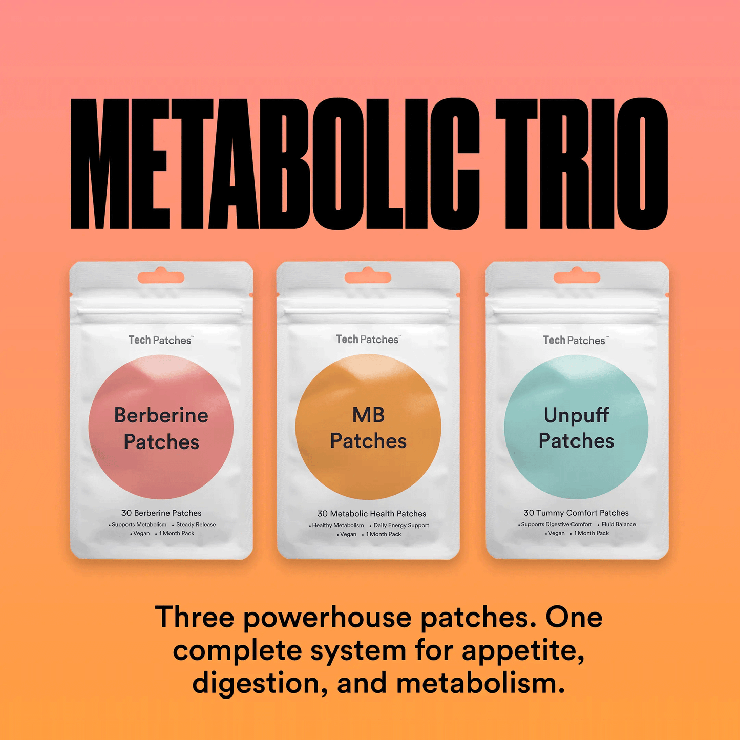 Tech Patches Metabolic Trio Bundle | 30 Patches Each – MB Patches + Berberine Patches + Unpuff Patches
